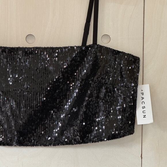 LA Hearts Sequin Sparkle Cropped Cami Top Size L NEW Black Adjustable Straps - Picture 2 of 11